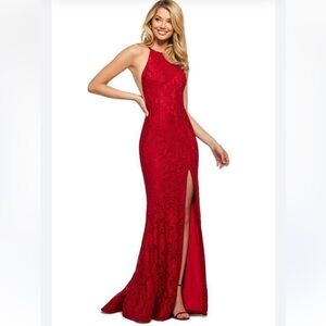 034 Sherri Hill Elegant Red Lace Evening Gown